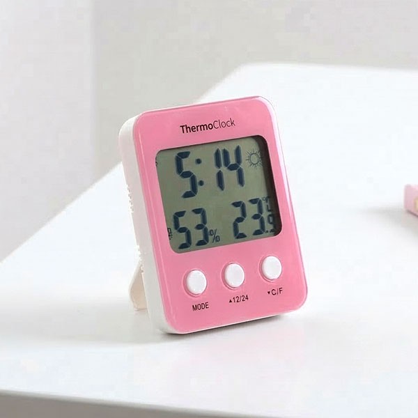 어린이집 호텔 BIG LCD 온습도 알람 캘린더 탁상시계 (핑크)