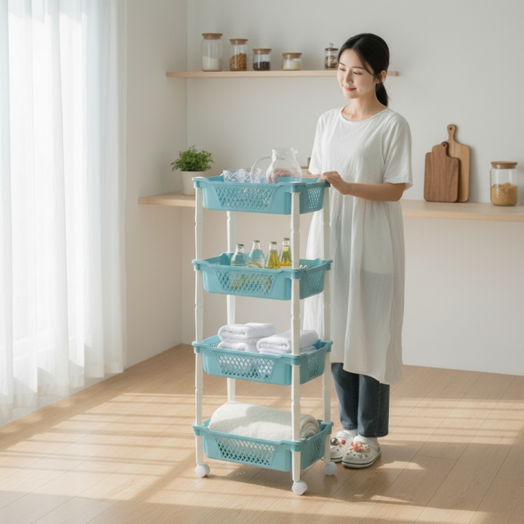 틈새 수납선반 이동식 트롤리 주방 팬트리 카트 4단 다용도 정리대 (블루·그레이·오렌지)