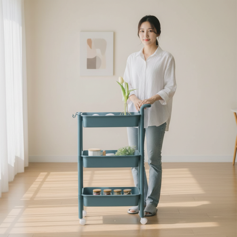 파스텔톤 이동식 트롤리 수납선반 3단 4단 다용도 주방 정리대 (블루·핑크·흰색)