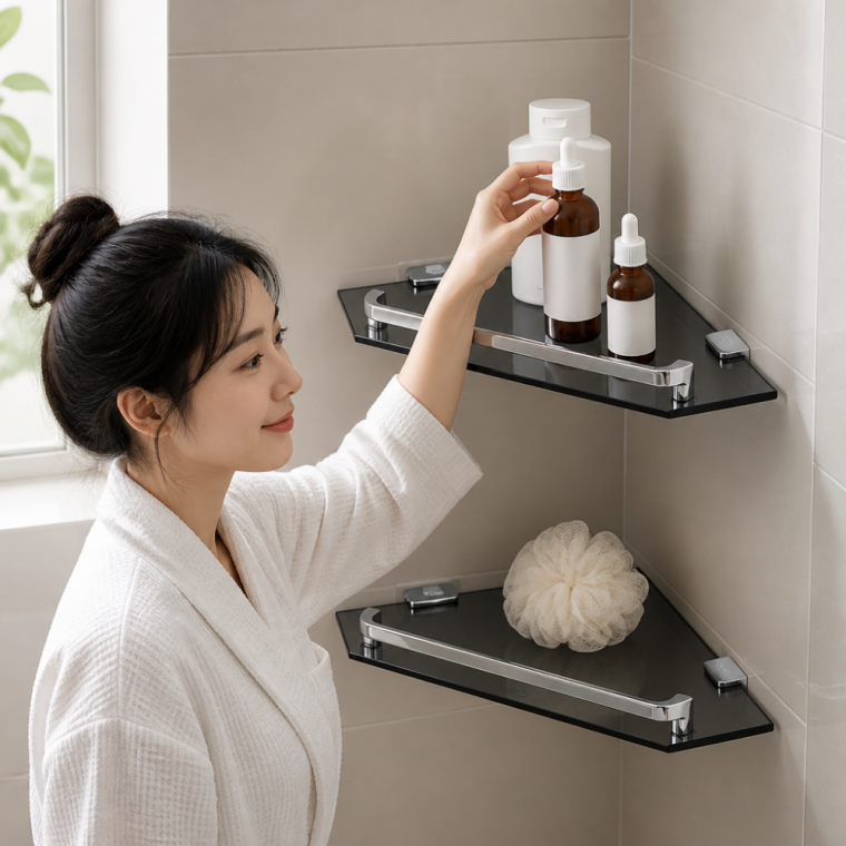 블랙 코너 선반 욕실 벽면 거치대 타일 부착형 모서리 수납장 (코너선반오각 / 일자선반 / 이단코너선반)