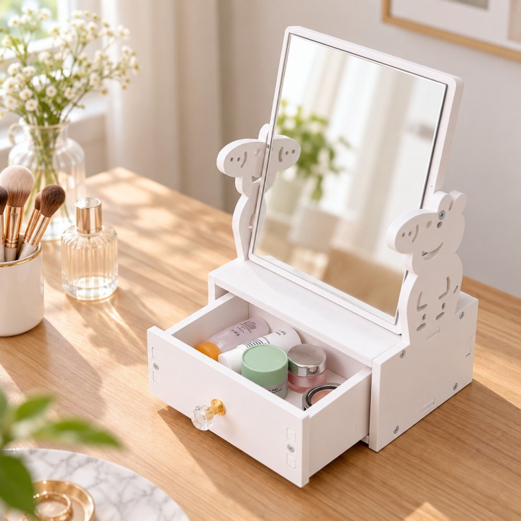 모던 미니 서랍 화장대 정리함 립스틱 향수 박스 거울 탁상 (원형 1단 / 원형 2단 / 사각 1단 / 사각 2단)