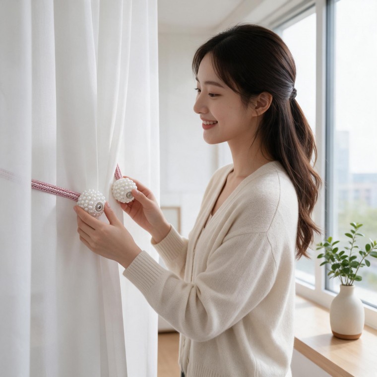 커튼 타이백 마그네틱 진주볼 홀더 인테리어 거실 침실 창문 장식 (그레이 / 네이비 / 베이지 / 브라운 / 핑크)